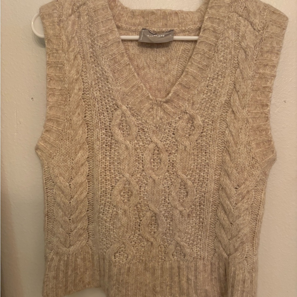 Everlane Tan V-Neck Sweater with Cable Knit
